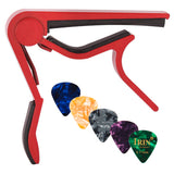 Quick Change Red Guitar Capo and 5Pcs Celluloid Picks Variety Pack Medium
