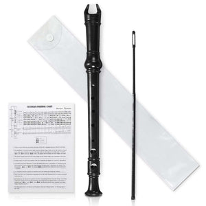 Black Soprano Descant Recorder 8 Holes with Cleaning Rod, Finger Chart & Case Bag